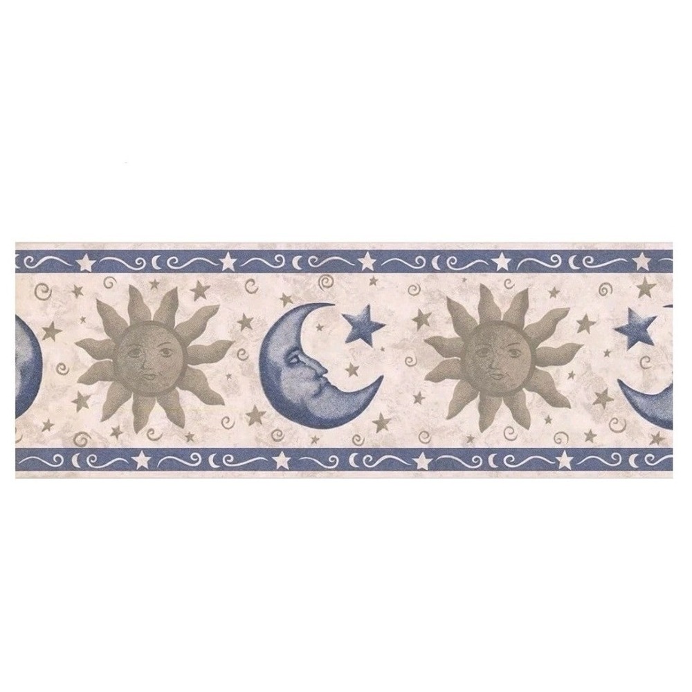 Imperial 5yd Celestial Sun Moon Face Stars Wallpaper Border Blue Tan Whimsigoth